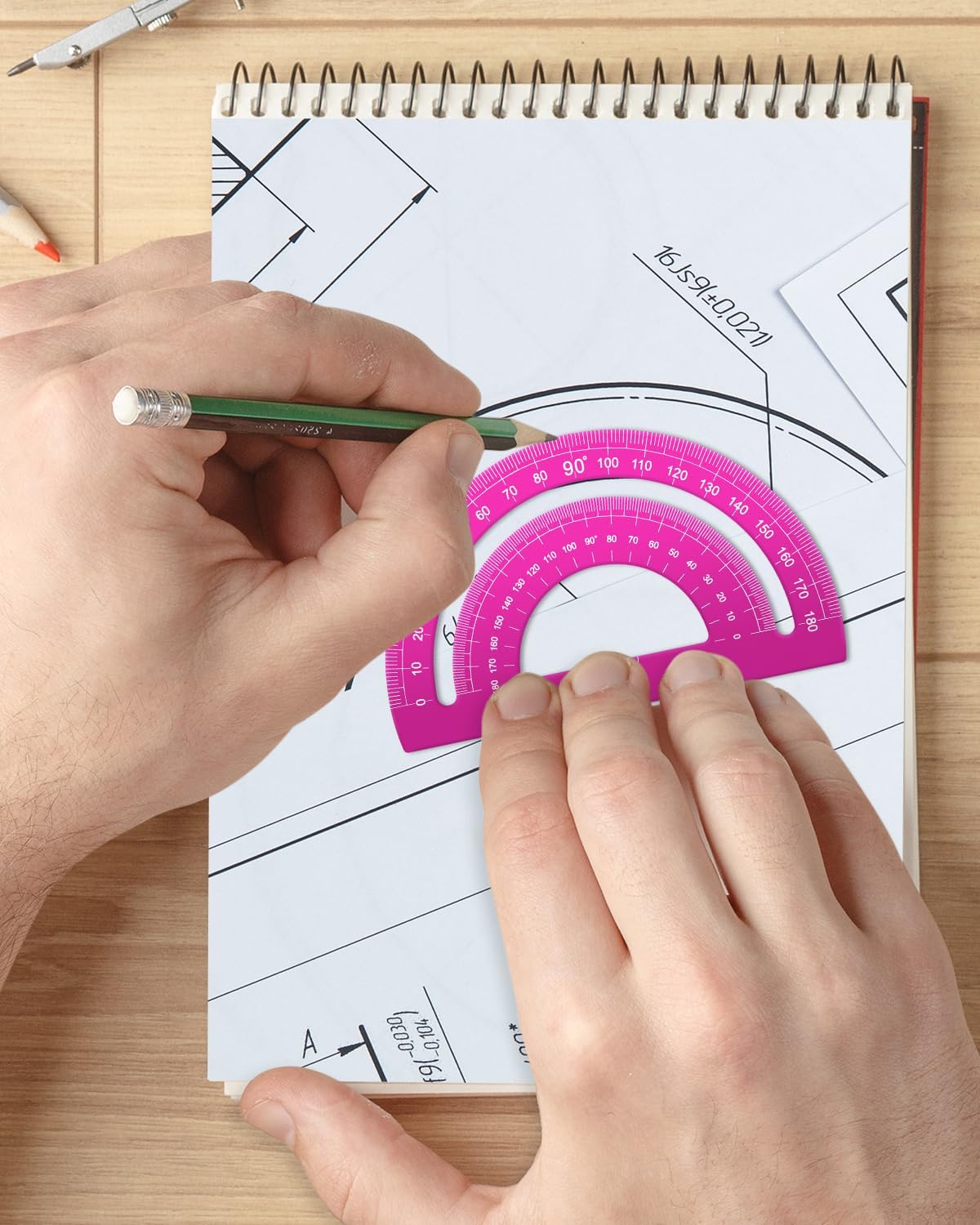 Honagu Triangular Ruler Set, 4+1Pieces Aluminum Alloy Ruler, Metal Drafting Ruler, Geometric Protractor for Students, School Office Supplies (Pink, 20cm)