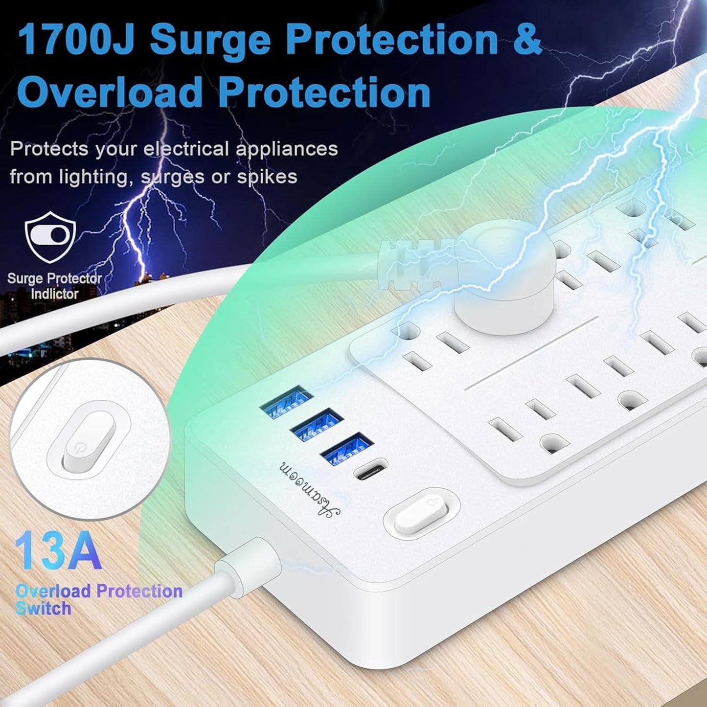 15 FT Power Strips with Surge Protection 1625W/13A,10 Outlets with 4 USB Ports (1 USB C) Long Extension Cord with Multiple Outlets 16Awag 1700J Flat Plug Power Strip Protector White,ETL Listed