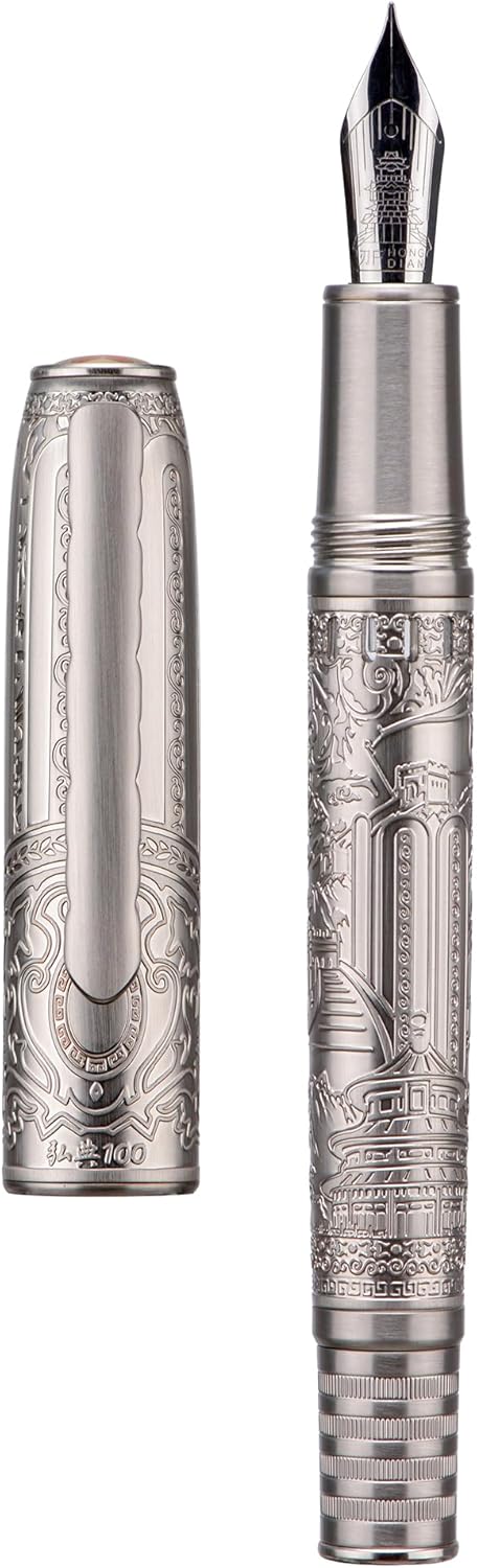 Hongdian 100 Silver Steel Piston Fountain Pen, Iridium Long Blade Fine Nib Calligraphy, Smooth Writing Pens, Nice Writing Pen for Men & Women