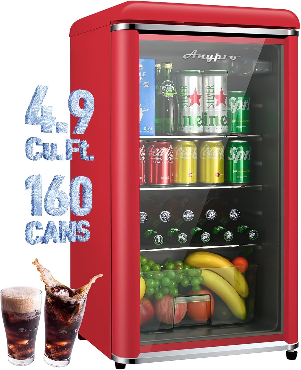 4.9 Cu.Ft Retro Small Beverage Refrigerator Cooler with Double Tempered Glass Door, 120 Can Wine Drink Beer Mini Fridge for Office Bedroom Bar with 7 Temperatures, Adjustable Shelves, Red