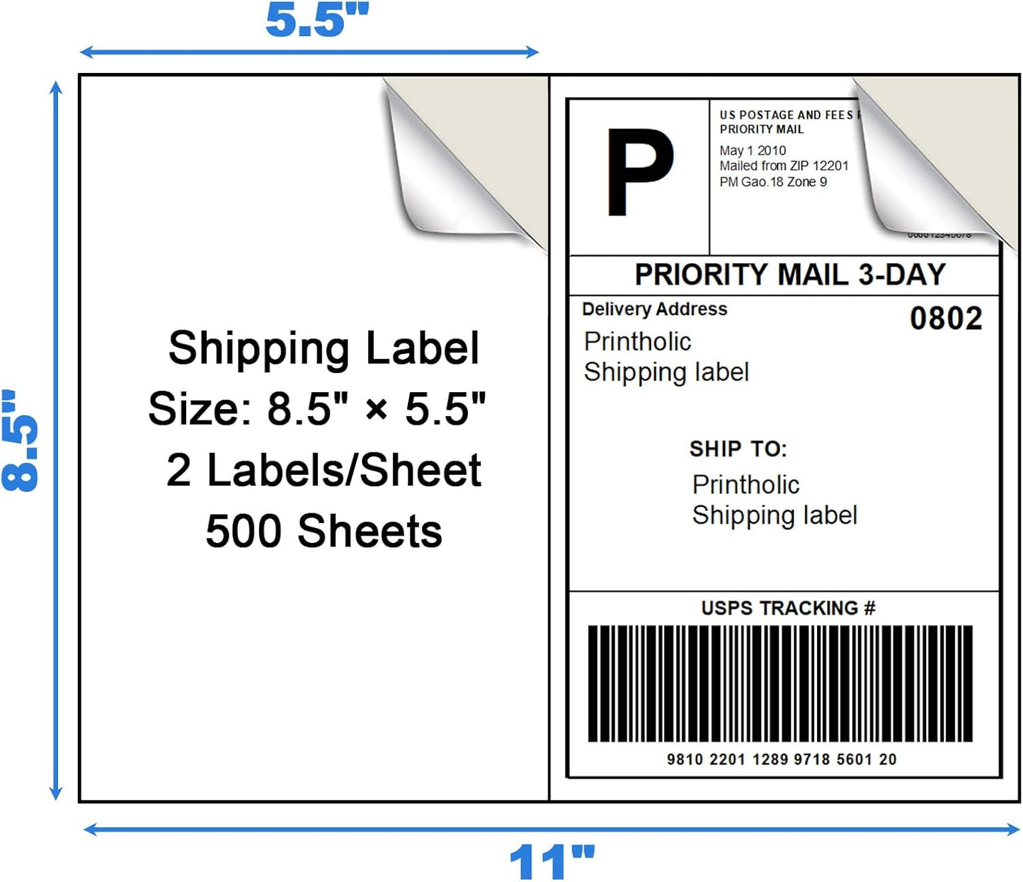 1000 Half Sheet Self Adhesive Shipping Labels for Laser & Inkjet Printers - 500 Sheets, 2 per Page Shipping Labels, 8.5" x 5.5" Half Sheet Labels