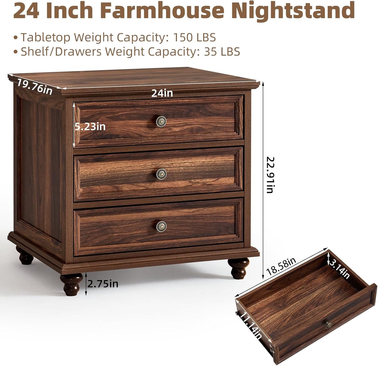 24" Wide Farmhouse Night Stand Set of 2,Large End Table with 3 Drawers & Metal Handle,Brown Wood Dresser for Bedroom Cabinet, Bed Side Table Chest of Drawers,Nightstand for Living Room,Closet