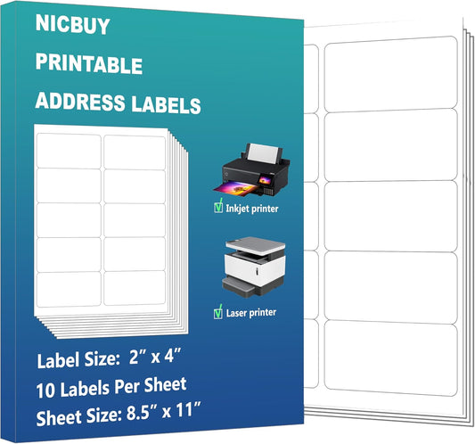 1000 White 4" x 2" Printable Mailing Labels, 10 UP White Shipping Address Labels Dry Quickly for Inkjet or Laser Printer