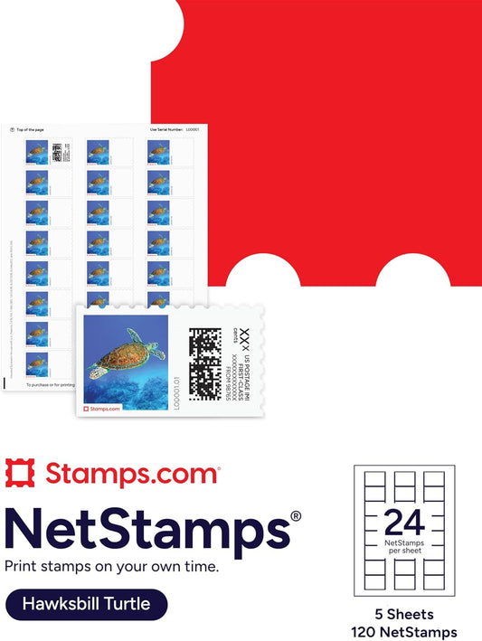 Hawksbill Turtle NetStamps 120-Pack (5 Sheets) Printable Postage Labels (Stamps.com Subscription Required) - Print Approved Postage - Inkjet & Laser Printers - Business, Personal, Home