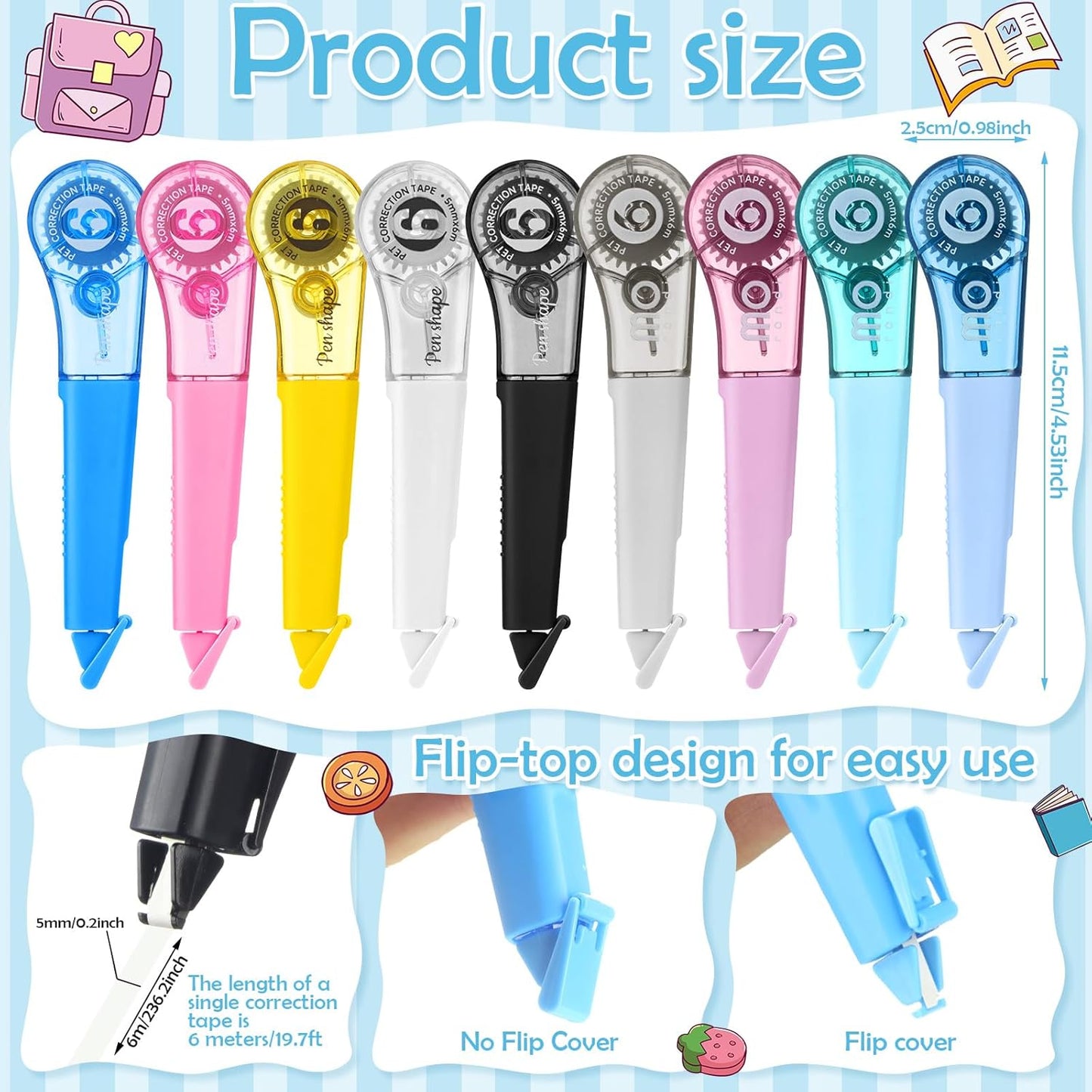 18 Pack Correction Tape Pens 1/5" X 236", 9 Color Correction Tape Pens Easy to Use Applicator for Instant Correction Students School Office Supplies