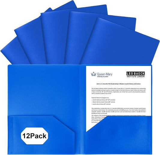 12-Pack Plastic Folders with Pockets,2-Pocket Poly Folders Holds 8-1/2" x 11" Paper for School/Office/Home, Blue