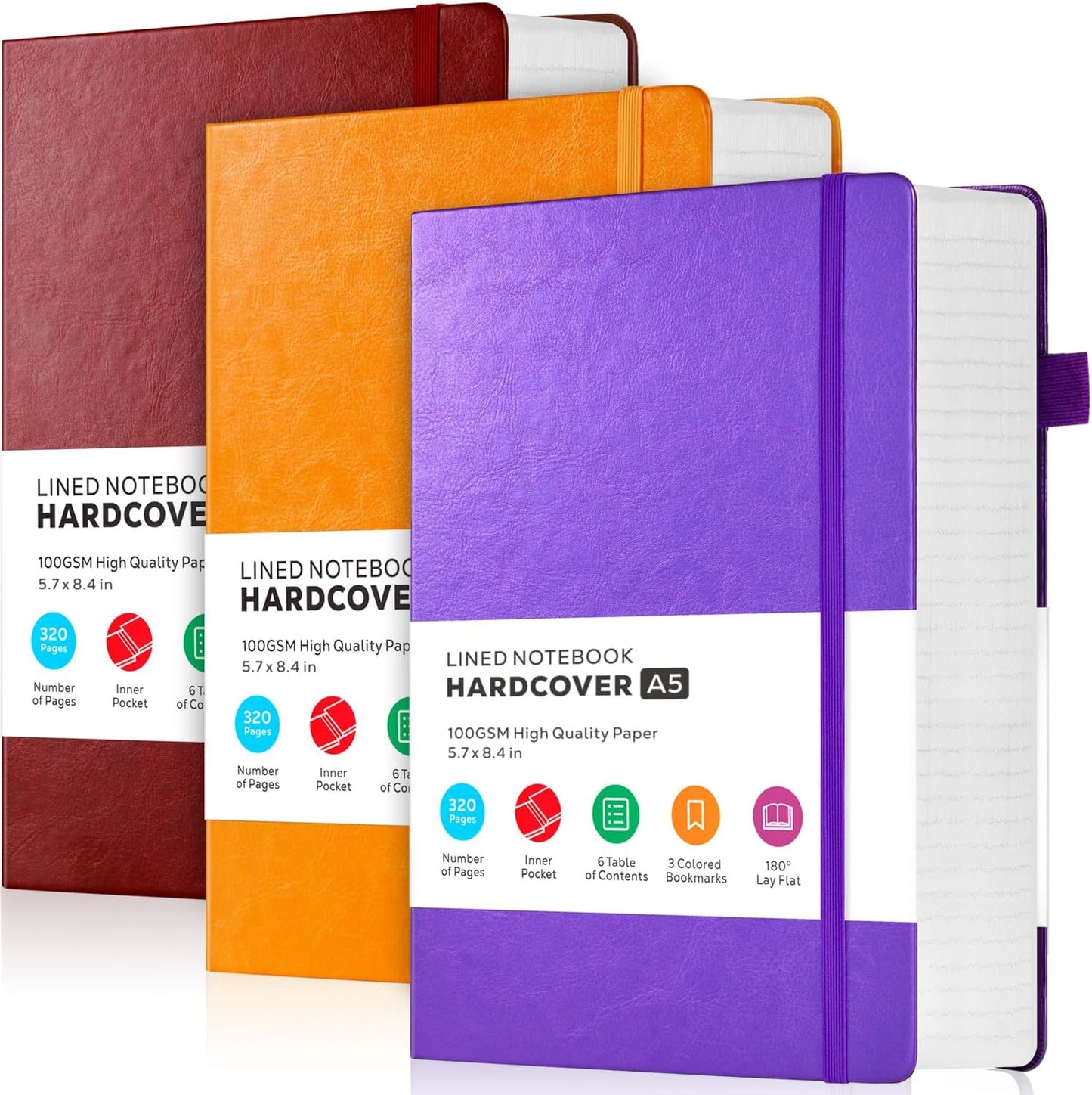 3 Pack Lined Journal Notebooks, A5 Thick Notebook Journal Set for Work Writing, 320 Pages Hardcover Leather Bound Notebook Bulk for Women Men Office School, 5.7'' X 8.4'', Multicolor