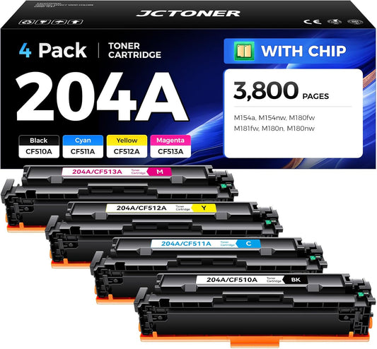 204A Toner Cartridge 4-Pack High Yield Replacement for HP 204A 204X CF510A CF511A CF512A CF513A Compatible for HP Color Laserjet Pro MFP M180fw M181fw M180n M180nw M154a M154nw Printer Ink Black Copy