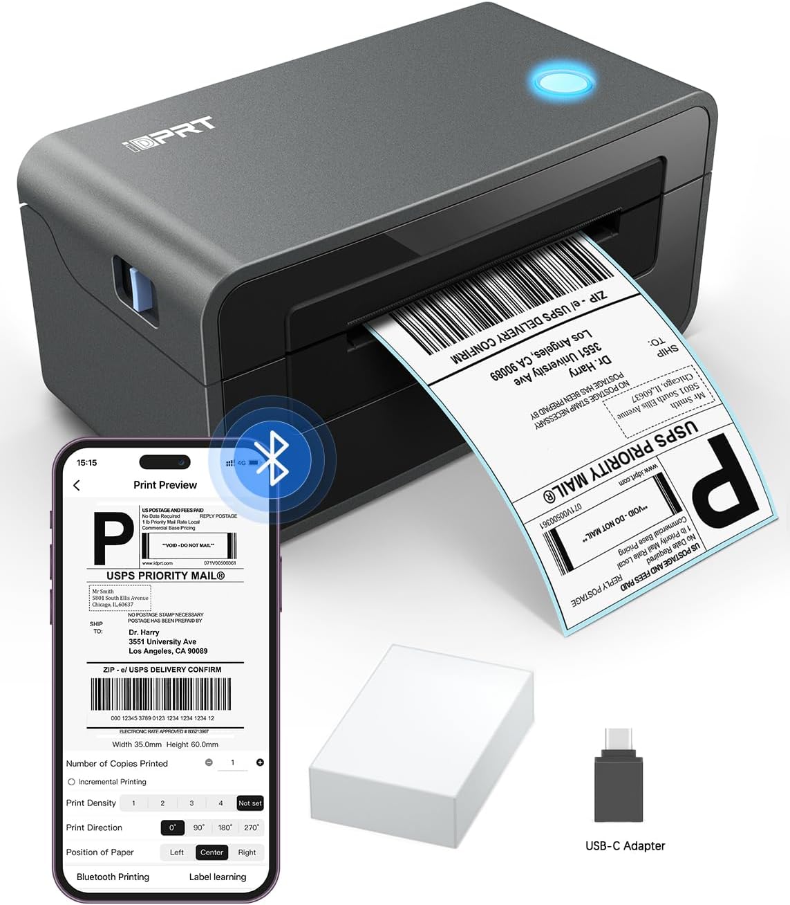 iDPRT Bluetooth Thermal Shipping Label Printer for Phone, 4x6, Supports Windows/Mac/iOS/Android, Ideal for Small Business and Shipping Packages