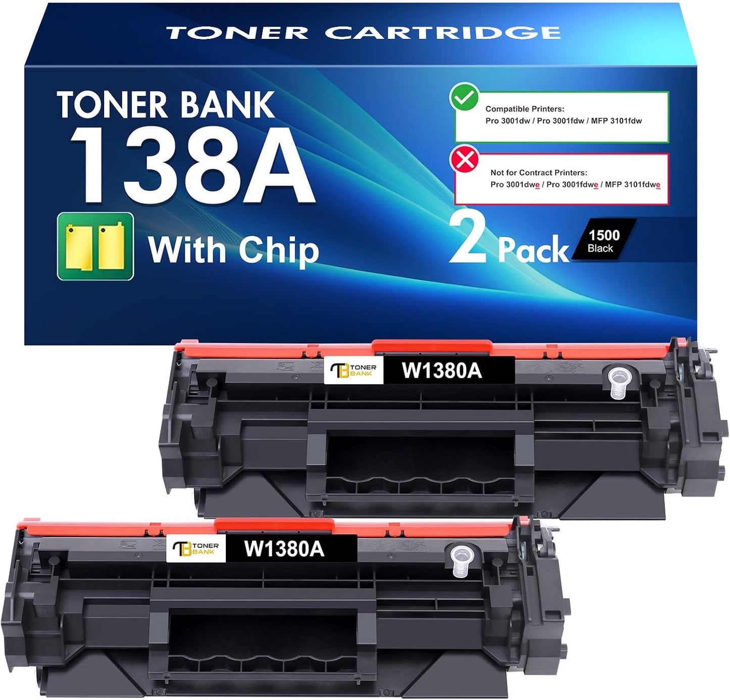 138A Black Toner Cartridges 2 Pack (with Chip) Compatible Replacement for HP 138A 138X W1380A W1380X for HP Pro 3001dw 3001fdw MFP 3101fdw Series Printer Ink