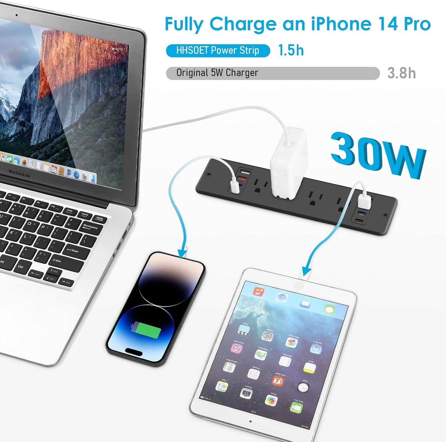 HHSOET 8 Outlet Recessed Power Strip, 30W Fast Charging Furniture Power Outlet USB C, Flush Mount Surge Protection Socket with 4 USB-A and 4 USB-C, 10ft Power Cord. (Black)