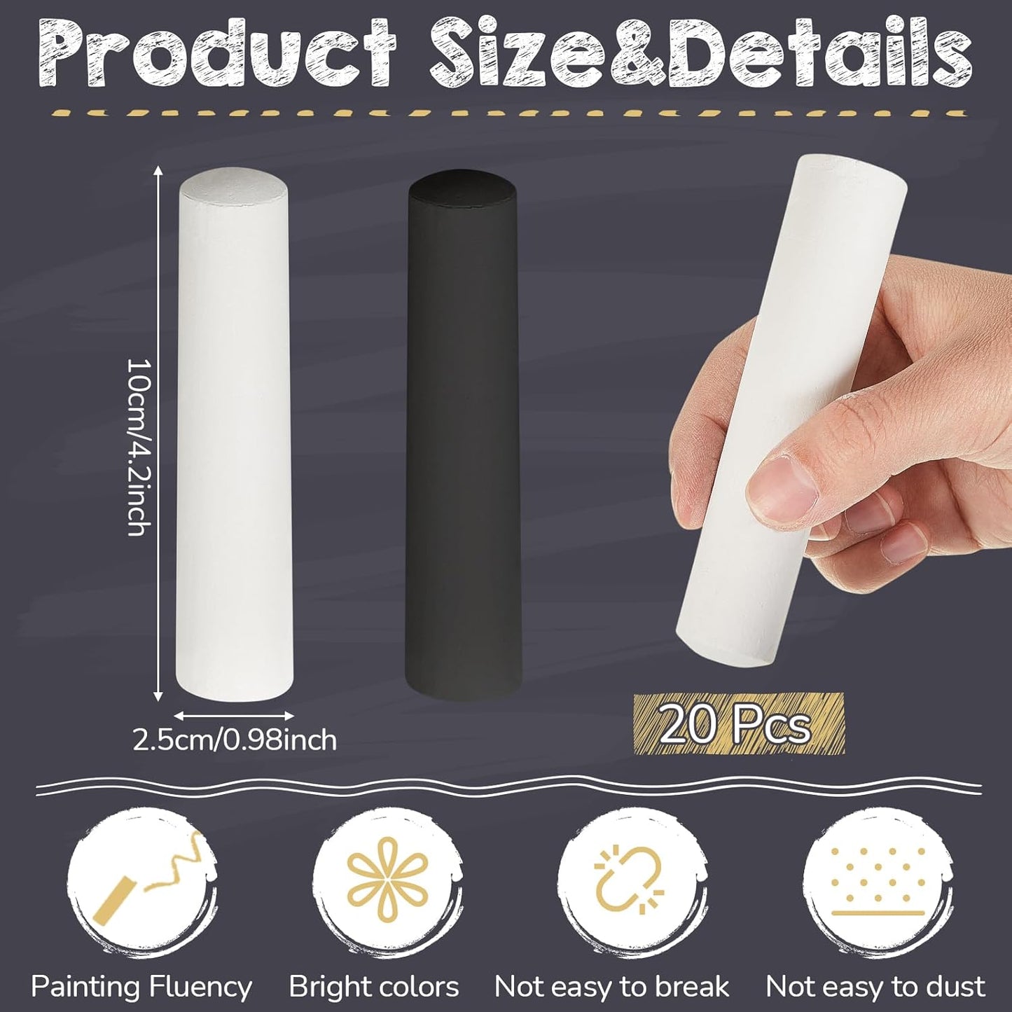 20 Pcs Sidewalk Chalk for Kids Jumbo Black White Washable Non Toxic Chalk for Classroom Outdoor Fun Creativity Art Play Painting on Chalkboard Playground Blackboard Easter Party