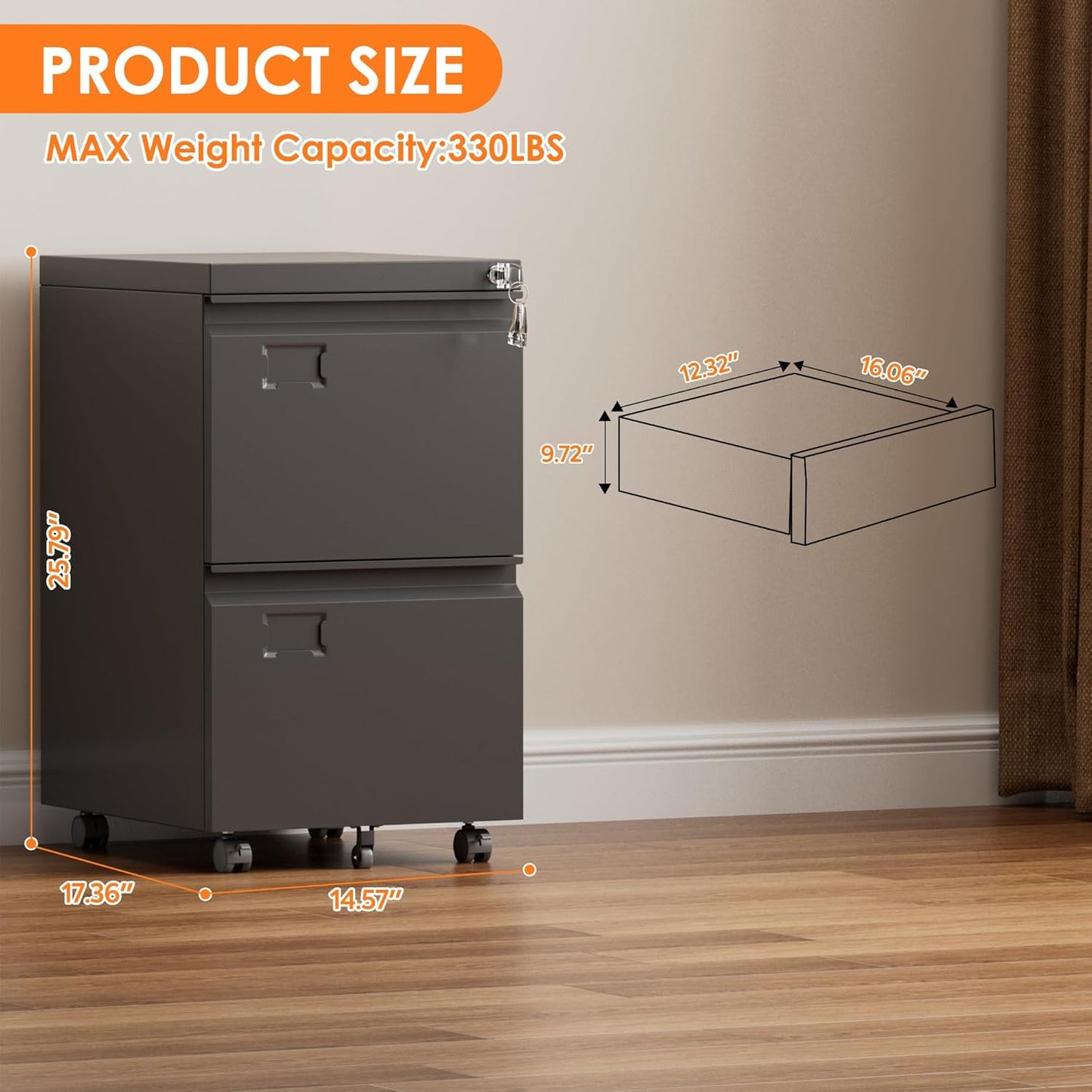 2 Drawers Mobile File Cabinet, Metal Under Desk Cabinet with Lock, for Office & Home, Legal/Letter Size, W14.57”x D17.36”x H25.79”, Assembly Required