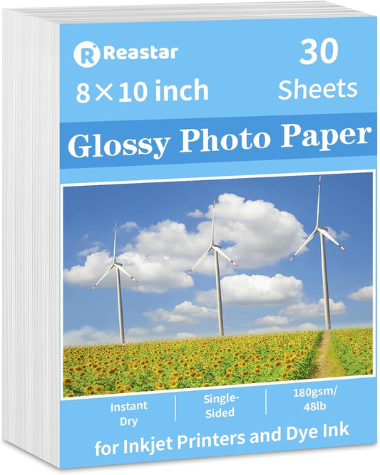 Glossy Photo Paper 8 x 10 inches, 30 Sheets Inkjet Photo Printer Paper, Instant Dry Picture Paper for DIY Chip Bag, Flyers, Cards, Calendars and Brochures(180gsm/48lb)