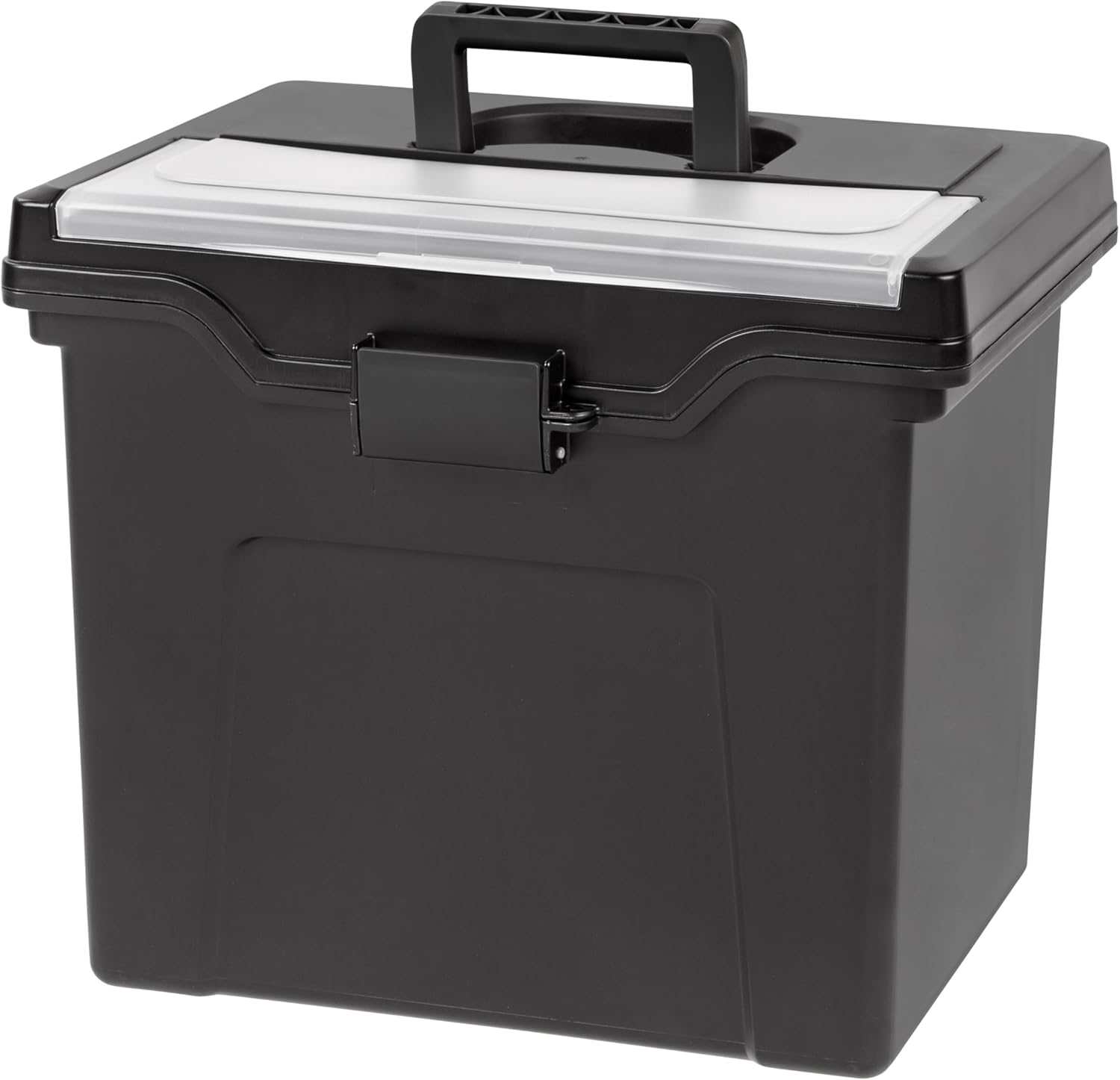 IRIS USA File Box with Lid File Organizer for Letter File w/ Organizer-Lid, Plastic Mobile Filing Organizer, Water Resistant Document Box, Portable File Box with Handle, Secure Buckle, Lockable, Black