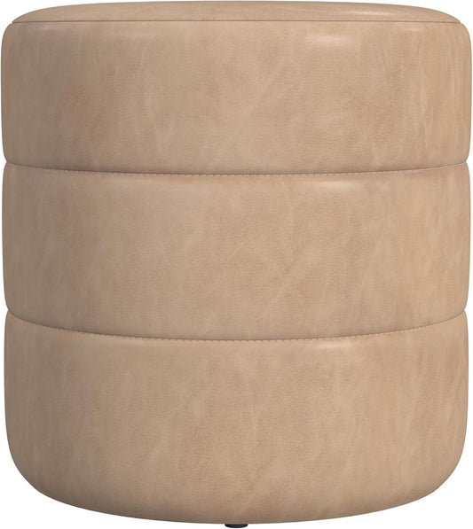 HomePop Upholstered Faux Leather Round Ottoman Home Décor|Foot Rest Ottoman- Sand Faux Leather