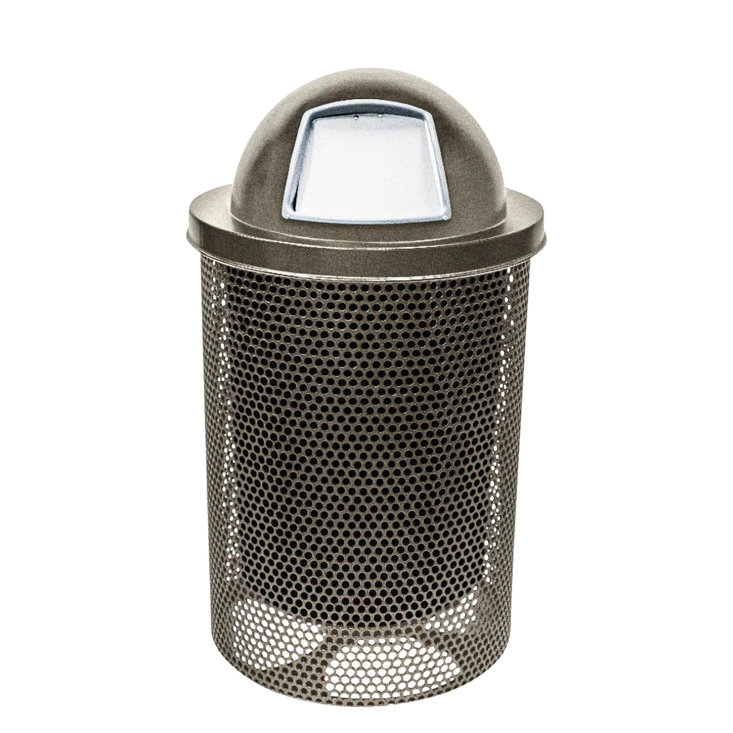 32-Gallon Heavy-Duty Punched Steel Round Trash Receptacle, Commercial Outdoor Waste Bin with Liner & Black Dome Lid – Made in America (Textured Gold Vein)