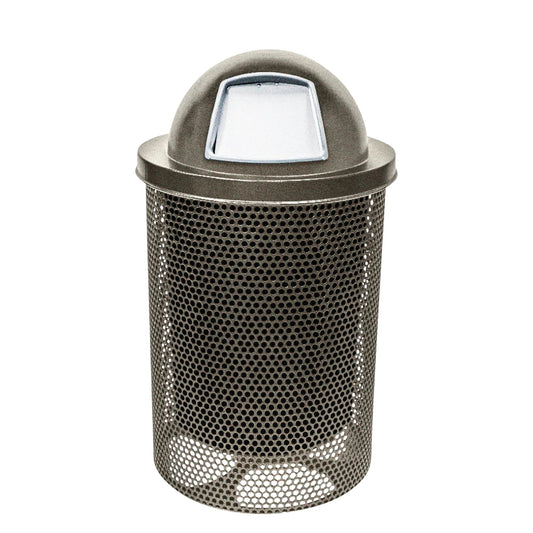 32-Gallon Heavy-Duty Punched Steel Round Trash Receptacle, Commercial Outdoor Waste Bin with Liner & Black Dome Lid – Made in America (Textured Gold Vein)