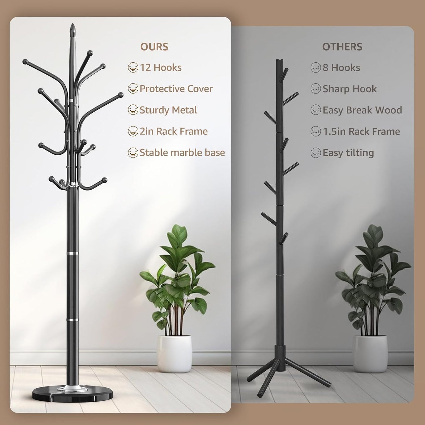 Heavy Duty Coat Rack with Marble Base, Freestanding Hall Coat Tree with 12 Hooks and 3 Adjustable Sizes, Metal Coat Rack Stand for Entryway, Bedroom, Office Hanging Purses, Coats, Scarves, Hats