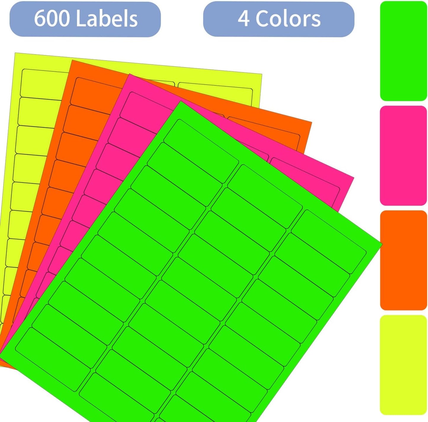 1" x 2-5/8" Colored Labels Stickers, Fluorescent Bright Moving Labels for Laser/Inkjet Printer Permanent Adhesive- 600 Pcs