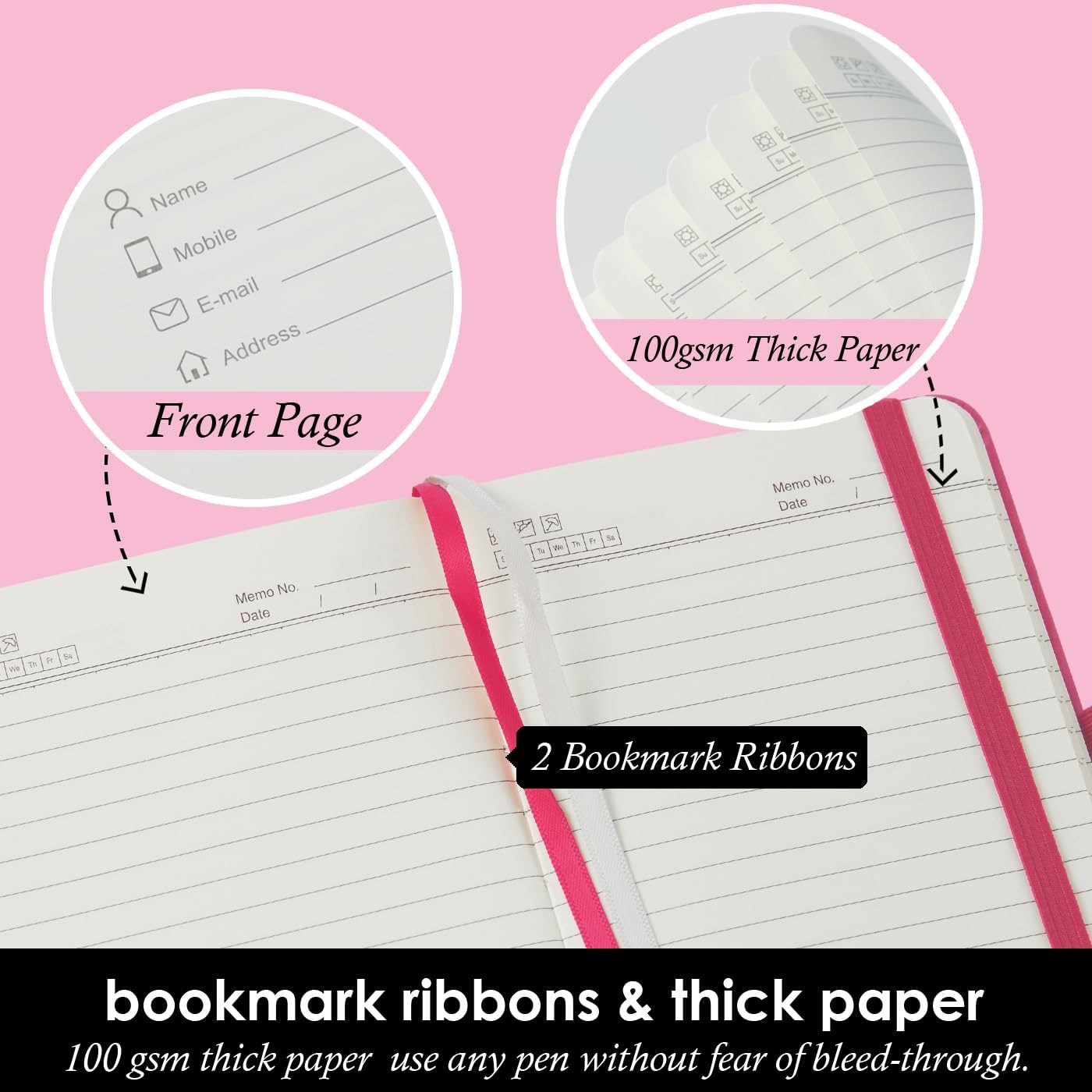 3 Pack Small Journal Notebook with Pen, Mini Pocket Leather Notepad Notebook 3.7" x 5.7" with 408 Pages, Ribbon Bookmark, Pearlescent Pink