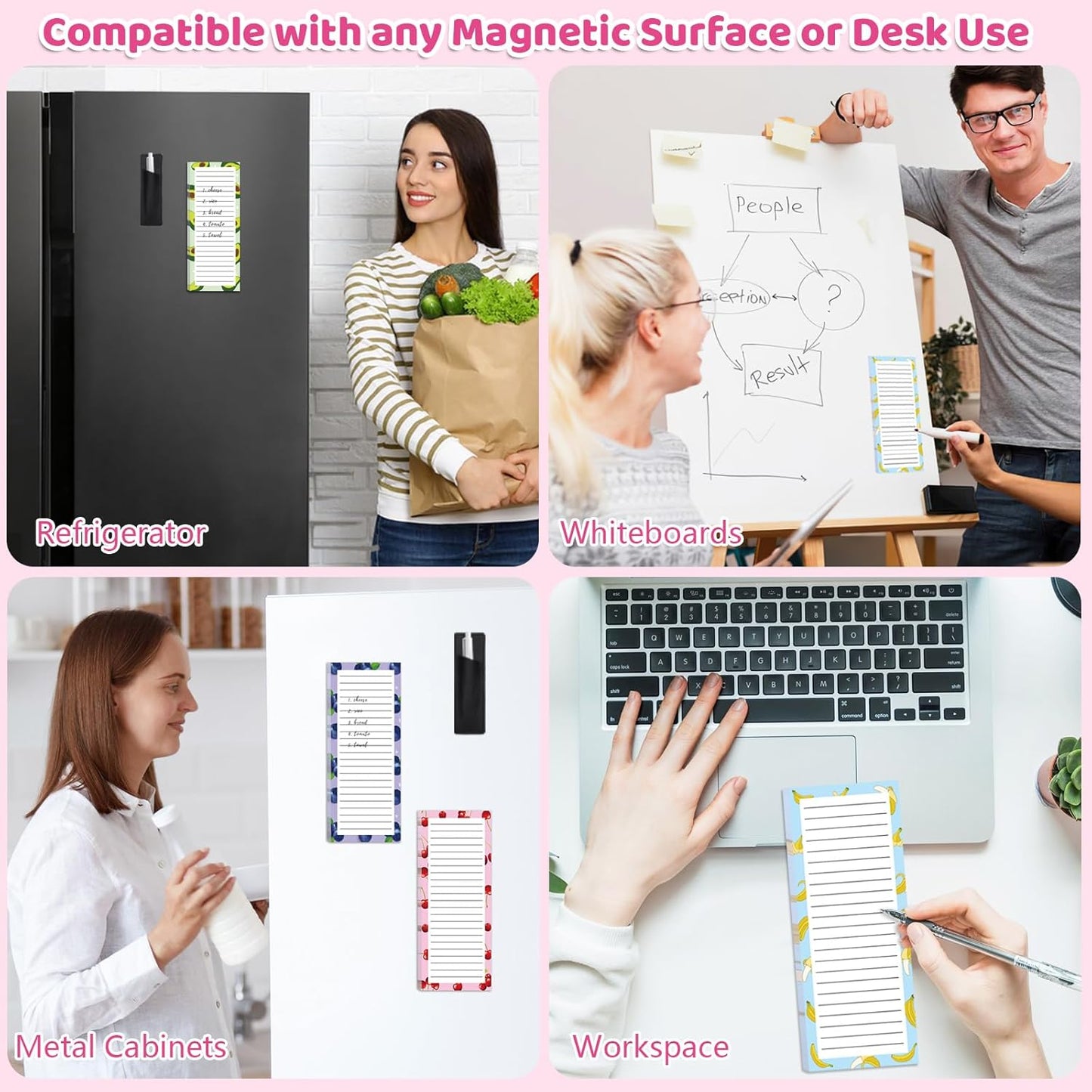 4 Pack Magnetic Note Pad for Fridge with Pen Holder, Totally 200 Sheets Magnetic To Do List, Grocery List, Shopping List, Memo Pads for Refrigerator（Fruit Design）