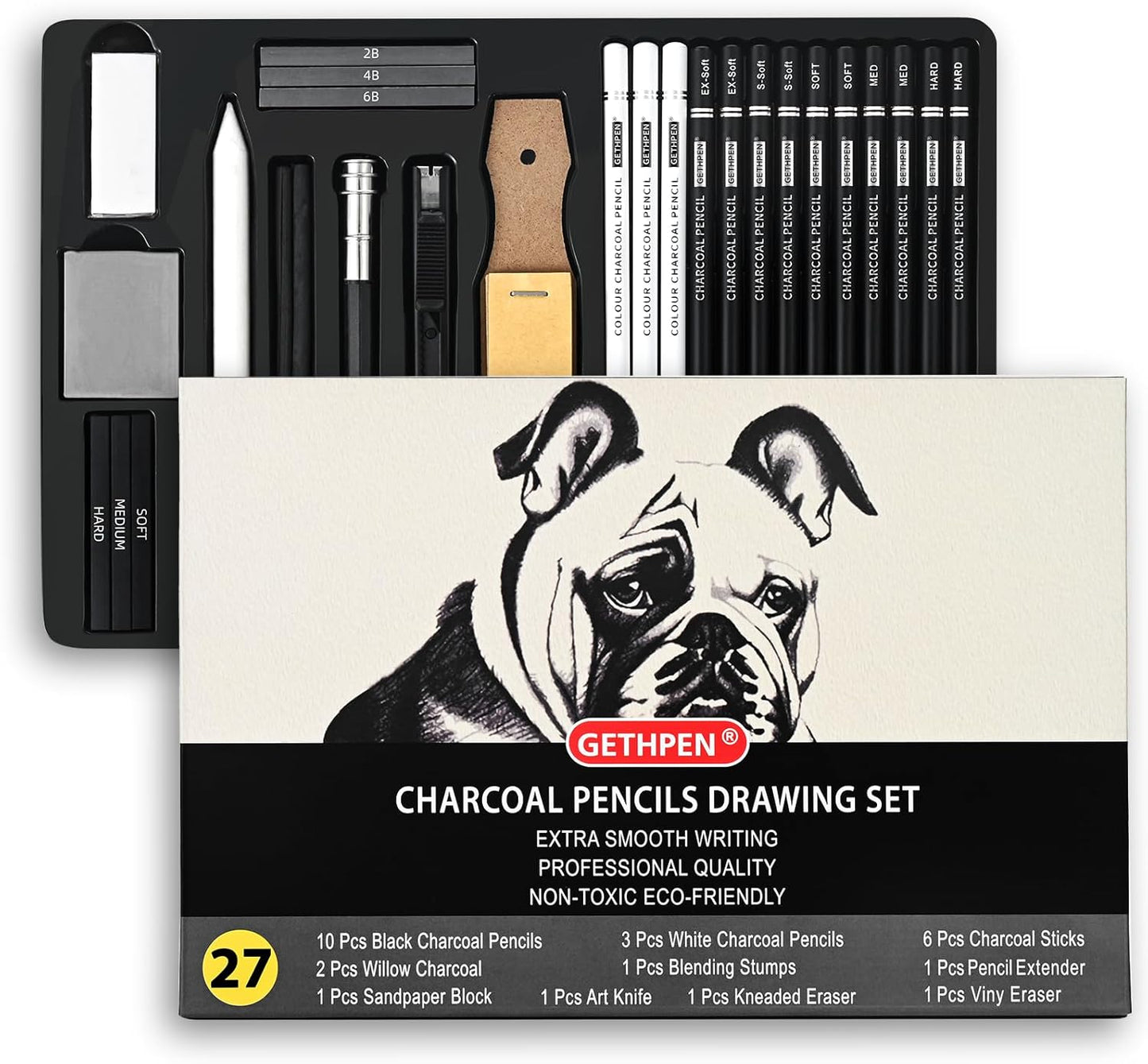 27 Piece Charcoal Drawing Set - Professional Black & White Charcoal Pencils for Sketching, Shading & Blending, Graphite Sticks with Artist Art Supplies Kit (Beginners & Professionals)