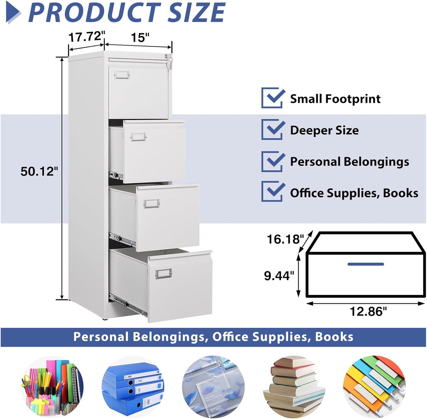 4 Drawer File Cabinet, Filing Cabinets for Home Office, Metal Vertical File Storage Cabinet with Lock, Locking File Cabinet for A4 Legal/Letter, 15" W x 17.7" D x 50.1" H, Assembly Required