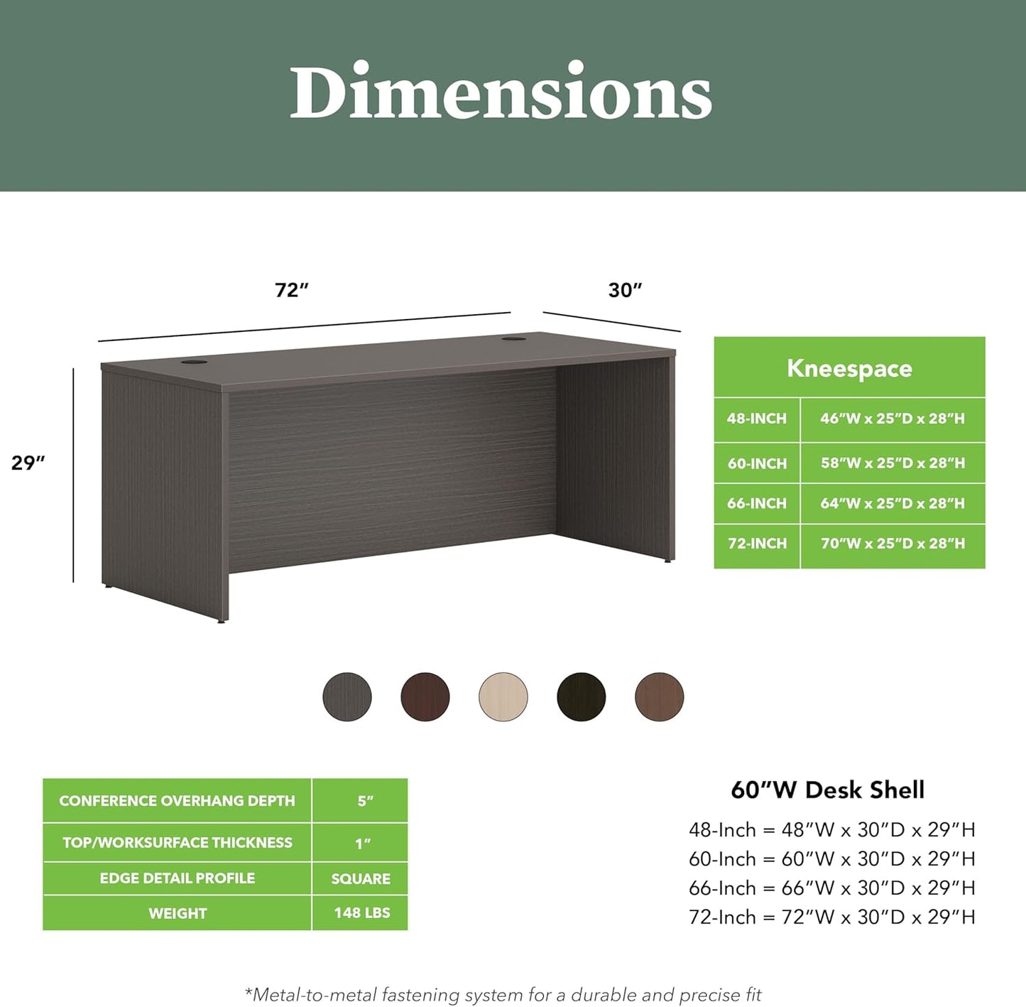 HON MOD Executive Desk 72-Inch Large Computer Desk Shell, Thick Wooden Laminate, Modern Table with Cord Management, 72" W x 30" D x 29" H, Slate Teak