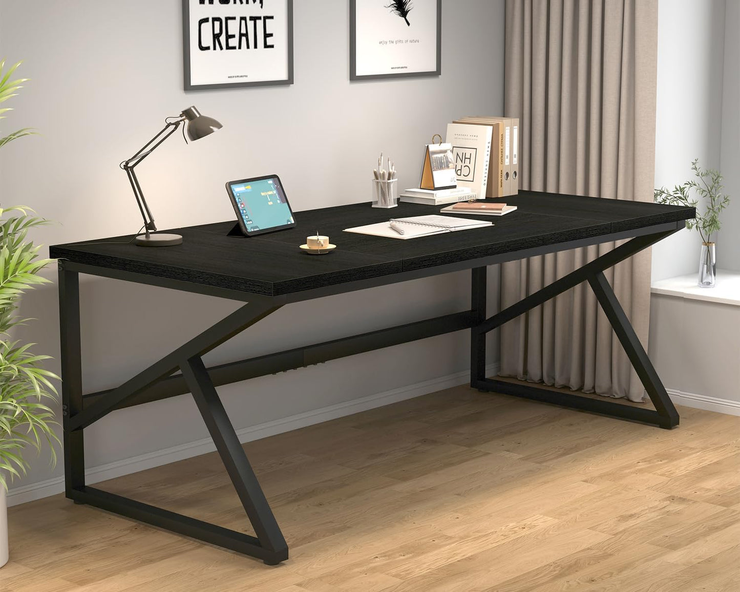 HSH 70 Inch Long Black Desk, Large Metal Wood Computer Desk for 2 Monitors, Modern Home Office PC Laptop Desk for 2 People Executive Writing Work Study Gaming, Simple Bedroom Living Room Black Table