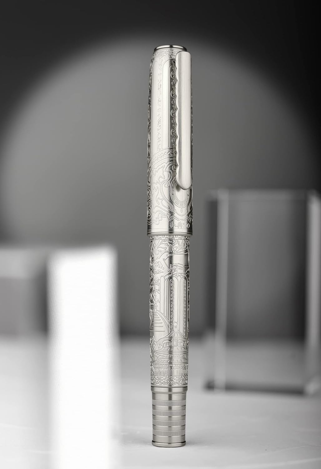 Hongdian 100 Piston Fountain Pen Silver Steel, Iridium Medium Nib Calligraphy Pen, Smooth Writing Pen with Pen Case Set