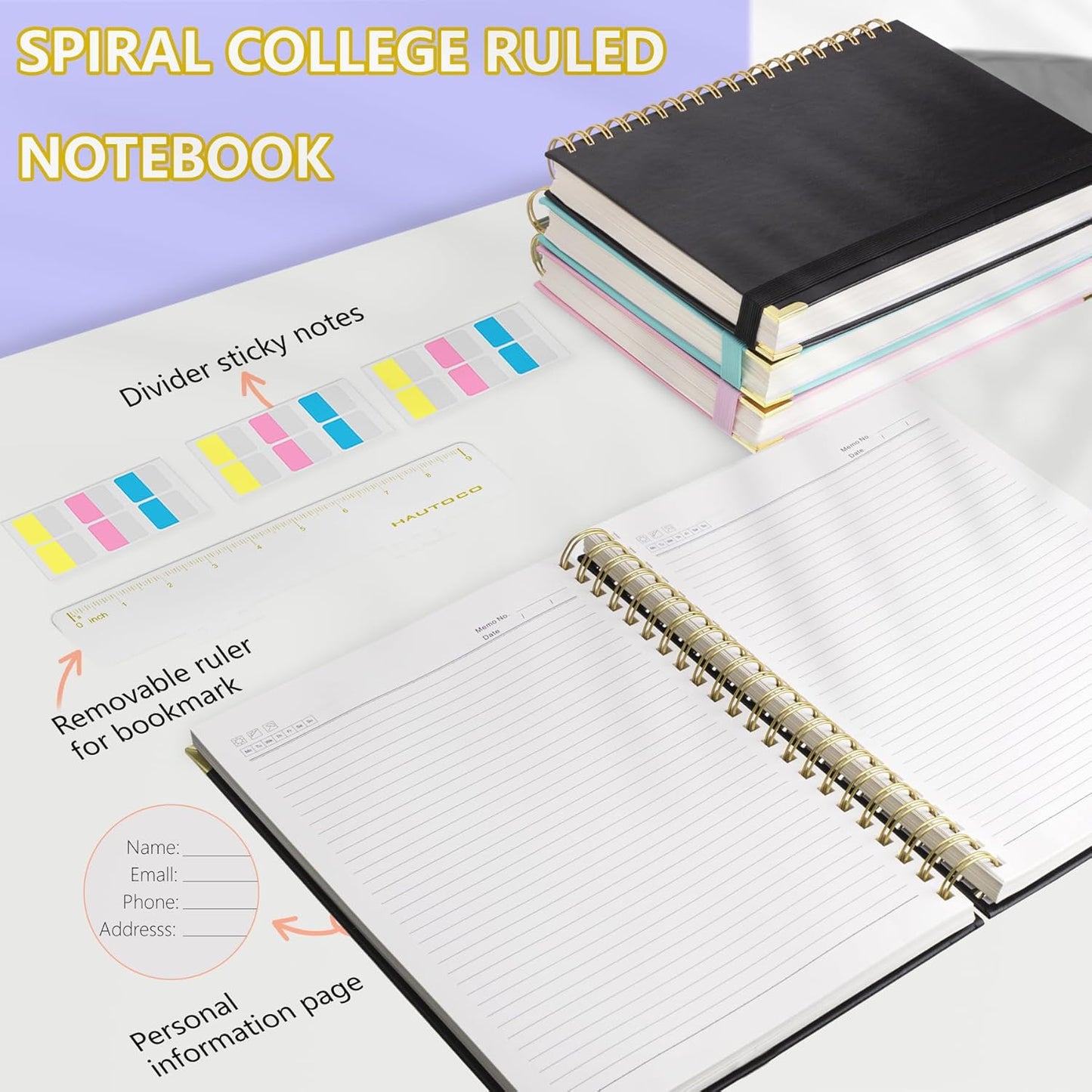 HAUTOCO Spiral Notebook College Ruled B5 Leather Bound Journal, 320 Pages, Hardcover Notebooks with tabs, 100 GSM Paper, 7"x 9.7" Lined Journaling Notebooks for Work Office School Business, Black
