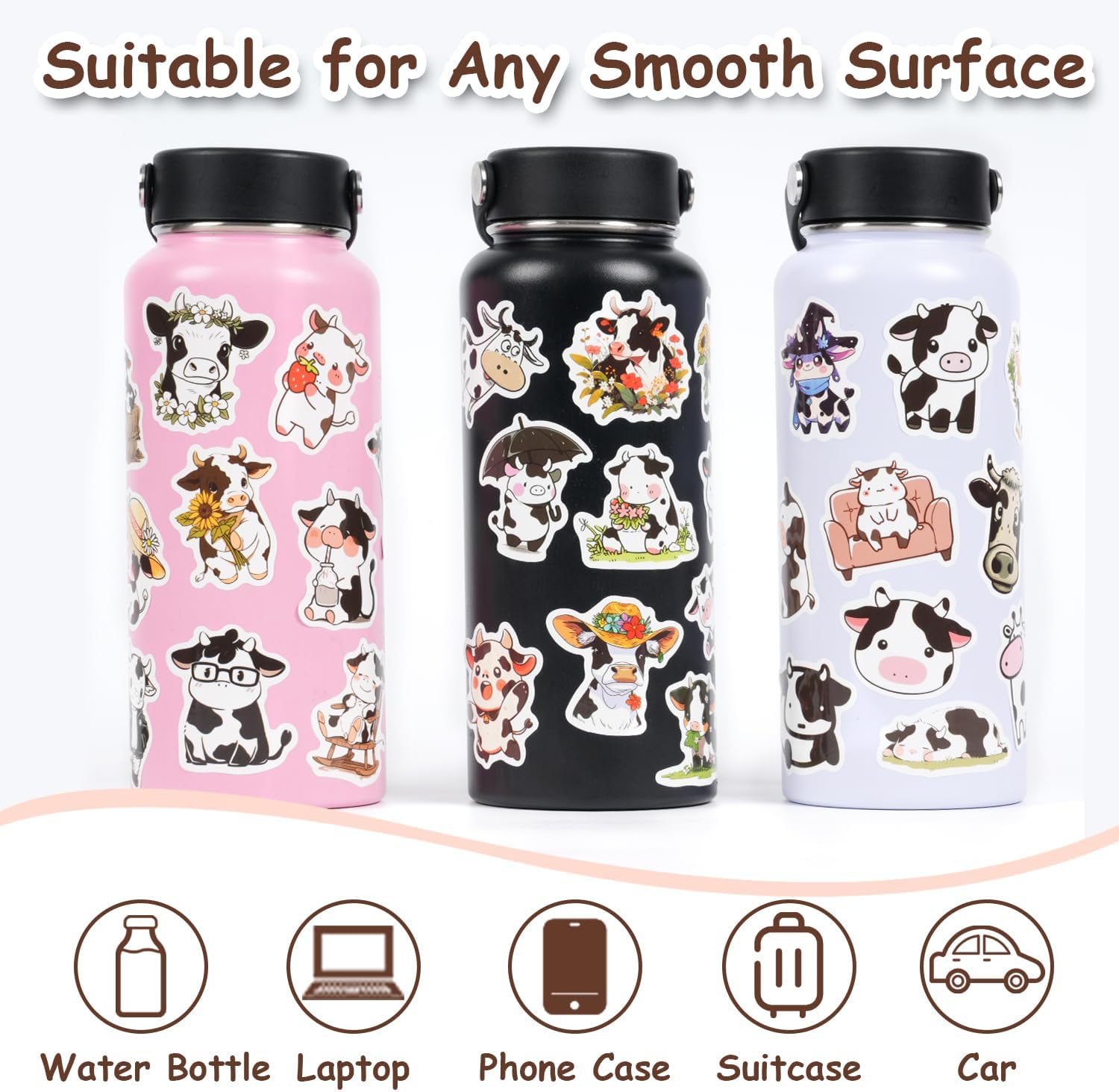 Aowplc 50 PCS Cow Stickers - Cute Cow Stuff & Gifts - Waterproof Vinyl Decals for Water Bottles, Laptop