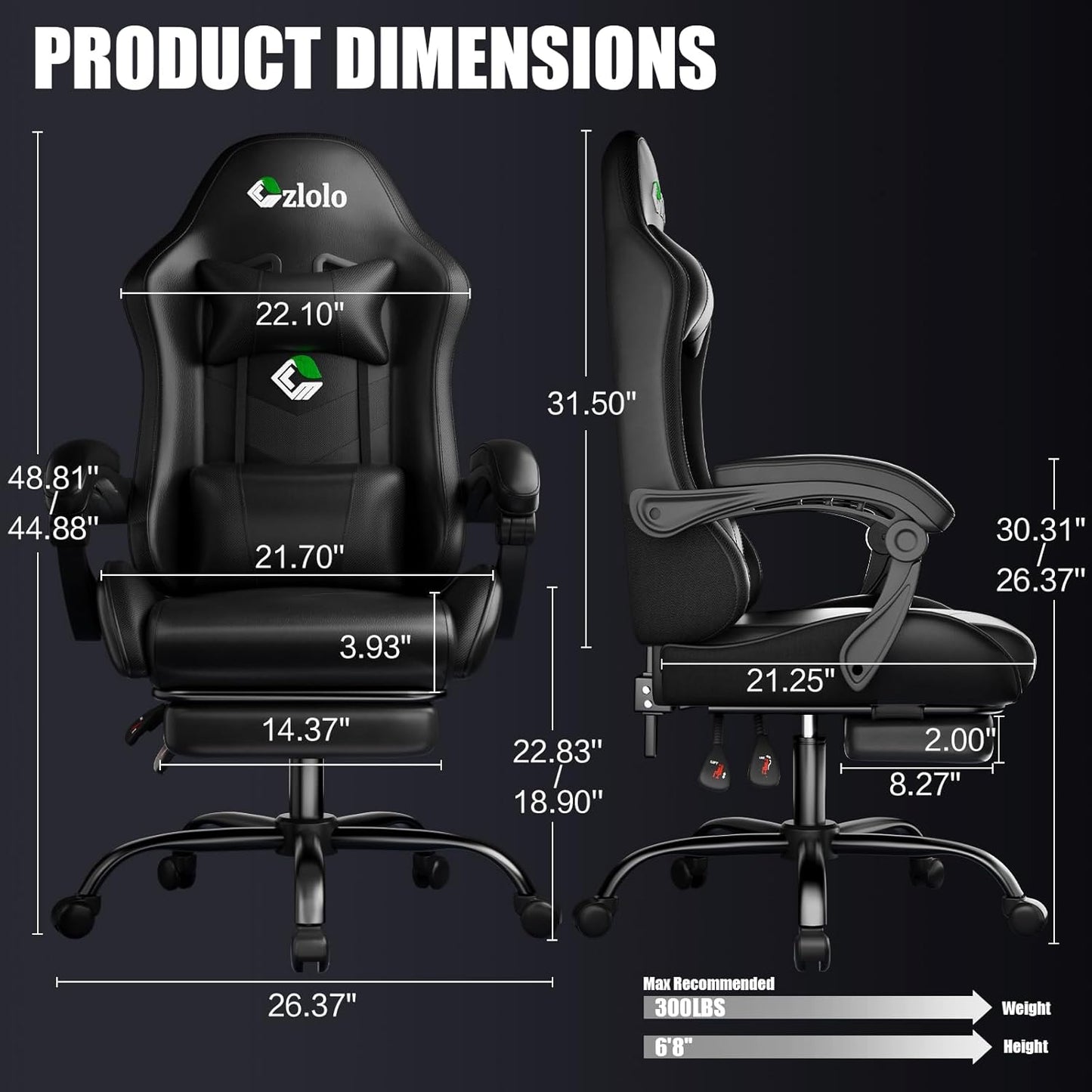 Gaming Chair, Ergonomic Office Computer Chair with Footrest and Lumbar Support Massager Racing Style High Back Video Gamer Chair, Wide＆Thick Cushion, 90°-135° Recline, Adjustable Height, Black