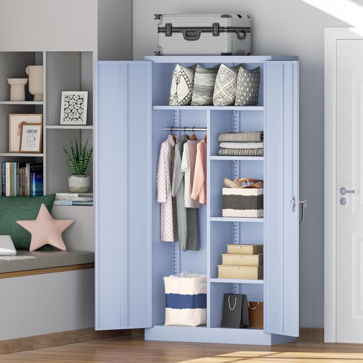 Greenvelly Metal Storage Wardrobe Cabinet with Lock, 72" Dark Grey Metal Wardrobe Closet for Hanging Clothes with Doors and Shelves, Modern Clothes Closet for Home, Office and Bedroom, School,Gym