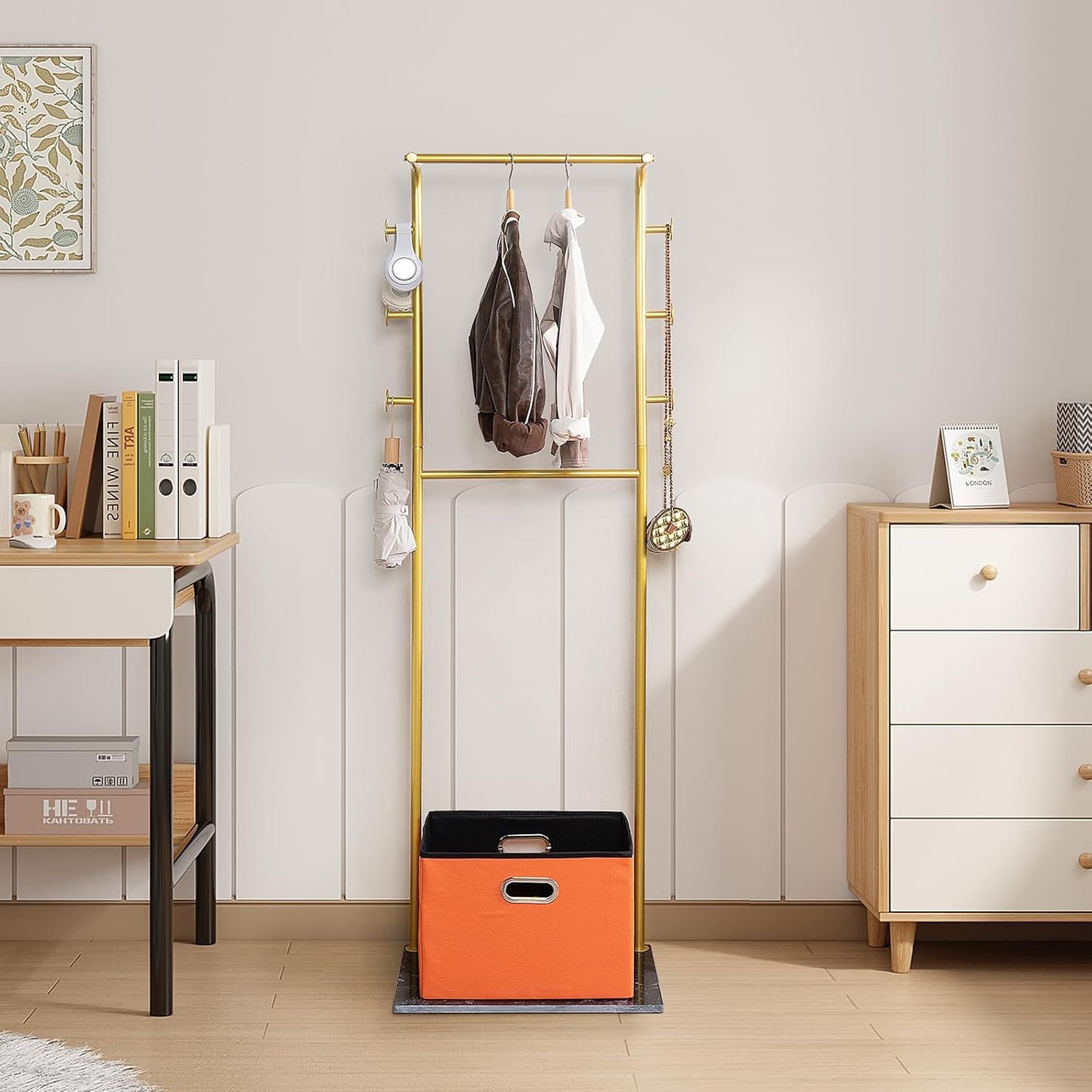 Heavy Duty Coat Rack with Storage Basket Metal Hanging Clothes Rack with Marble Base Modern Standing Clothing Rack for Entryway Bedroom Living Room Hotel 19.69 x 13.39 x 67.72 Inches (Gold)