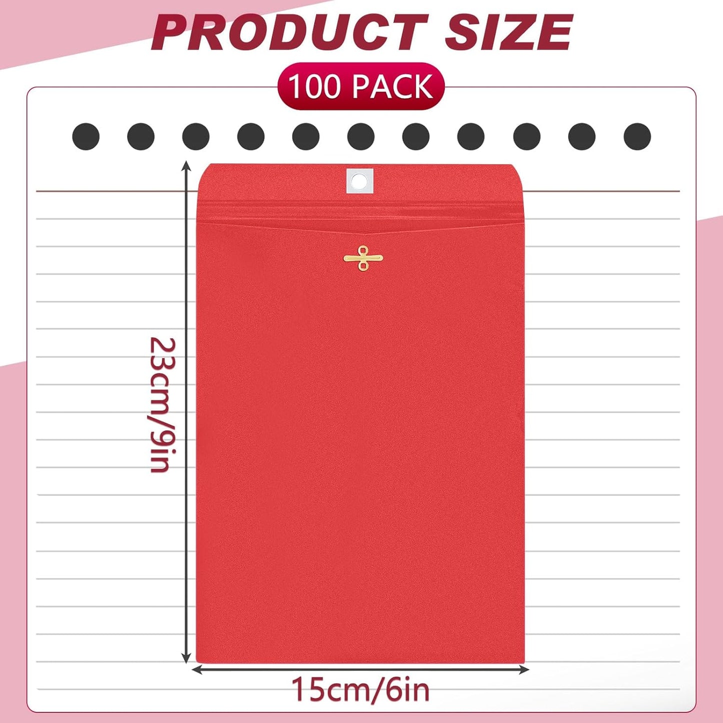 Geyee 100 Pcs Clasp Manilla Envelopes 6 x 9 Inch Gummed Colored Envelopes for Storing or Mailing for Home Office Business Supplies(Red)
