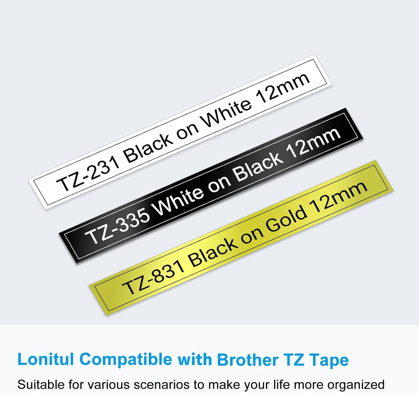 3-Pk 12mm TZ Labels Tape Compatible with Brother Ptouch TZe-231 335 831 Label Maker Tape 12mm 0.47" Laminated White/Black/Gold, Work for Brother Ptouch Label Maker PTD200 PTD400 PT1280 PT1880