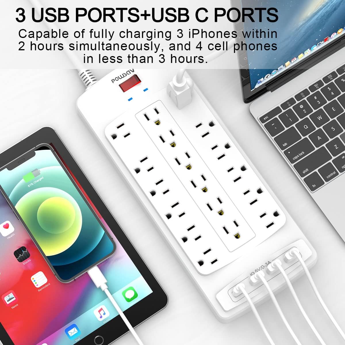 18 Outlets Surge Protector Power Strip - 6 Feet Flat Plug Heavy Duty Extension Cord with 18 Widely Outlets and 4 USB Ports, 2100 Joules, White, ETL Listed