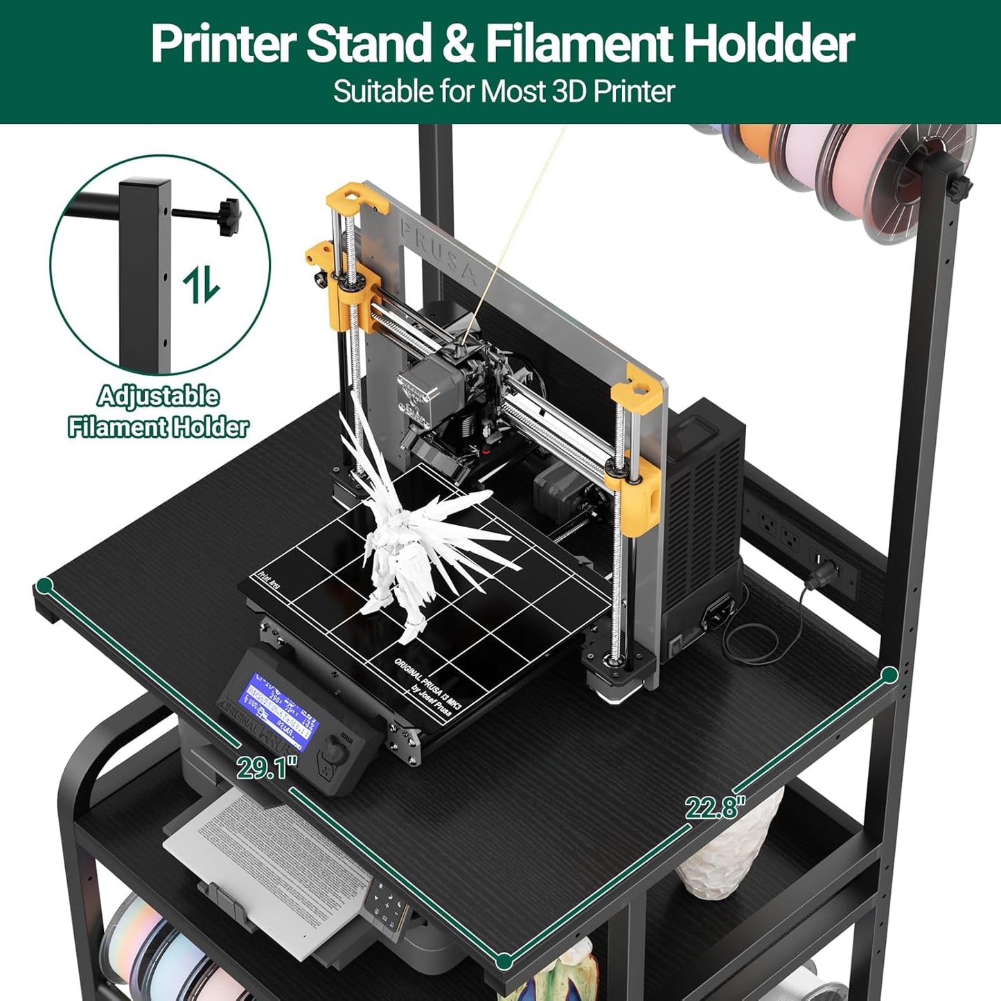 Homieasy Printer Stand with Charging Station, 29.1" x 22.8" Large 3D Printer Table with Filament Storage, Heavy Duty Rolling Printer Cart with 4-Tier Storage for Workshop/Office/Garage, Black