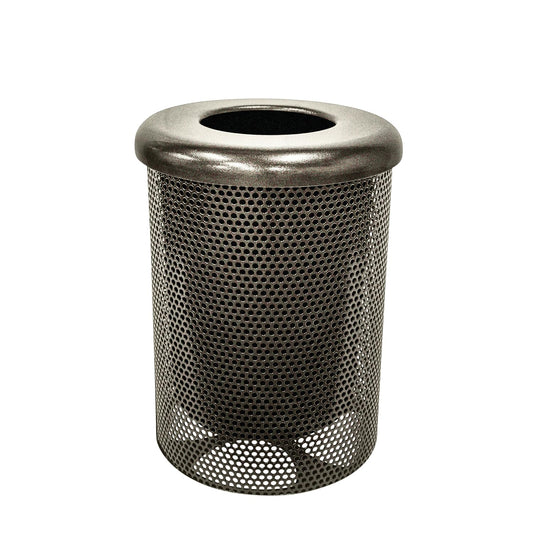 32-Gallon Heavy-Duty Punched Steel Round Trash Receptacle, Commercial Outdoor Waste Bin with Liner & Black Flat Top Lid – Made in America (Textured Gold Vein)