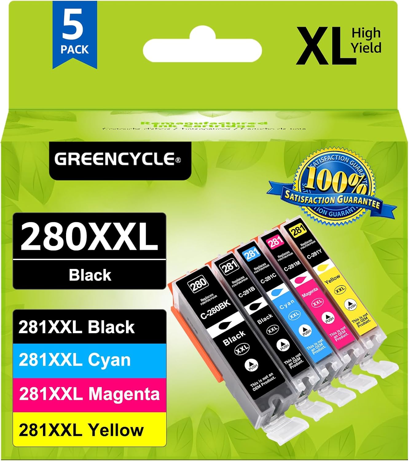 280XXL 281XXL Ink Cartridges Replacement for Canon PGI-280XXL CLI-281XXL Compatible for PIXMA TR7520 TR8520 TS6120 TS6220 TS8120 TS8220 TS9120 TS9520 TS6320 TS9521C Printer (5 Pack)