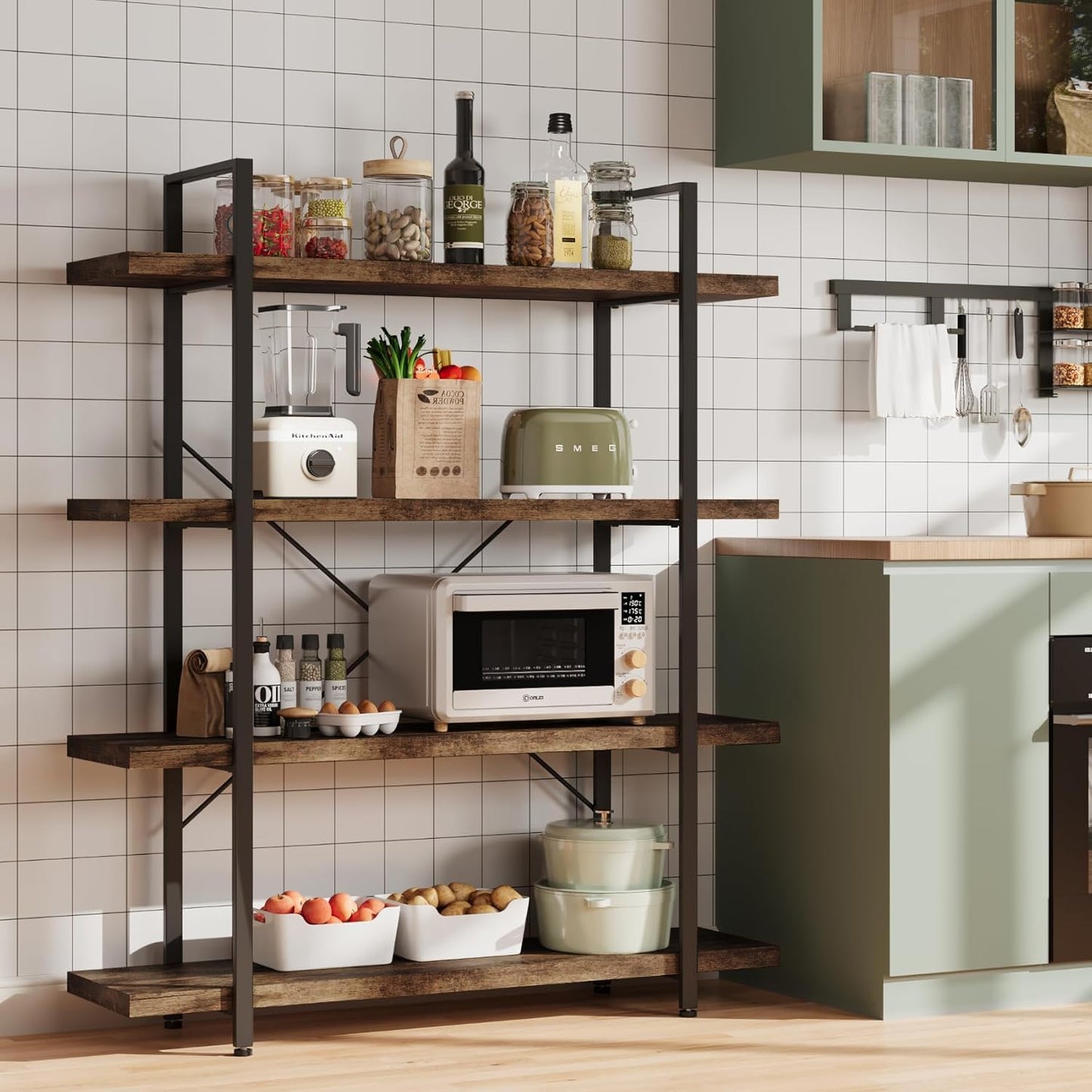 Heavy Duty 4-Tier Industrial Bookcase, 47" Wide Wood Bookshelf for Home Office, 120lbs Shelf Capacity, Rustic Open Shelving Display with Reinforced Horizontal Shelf for Living Room Bedroom