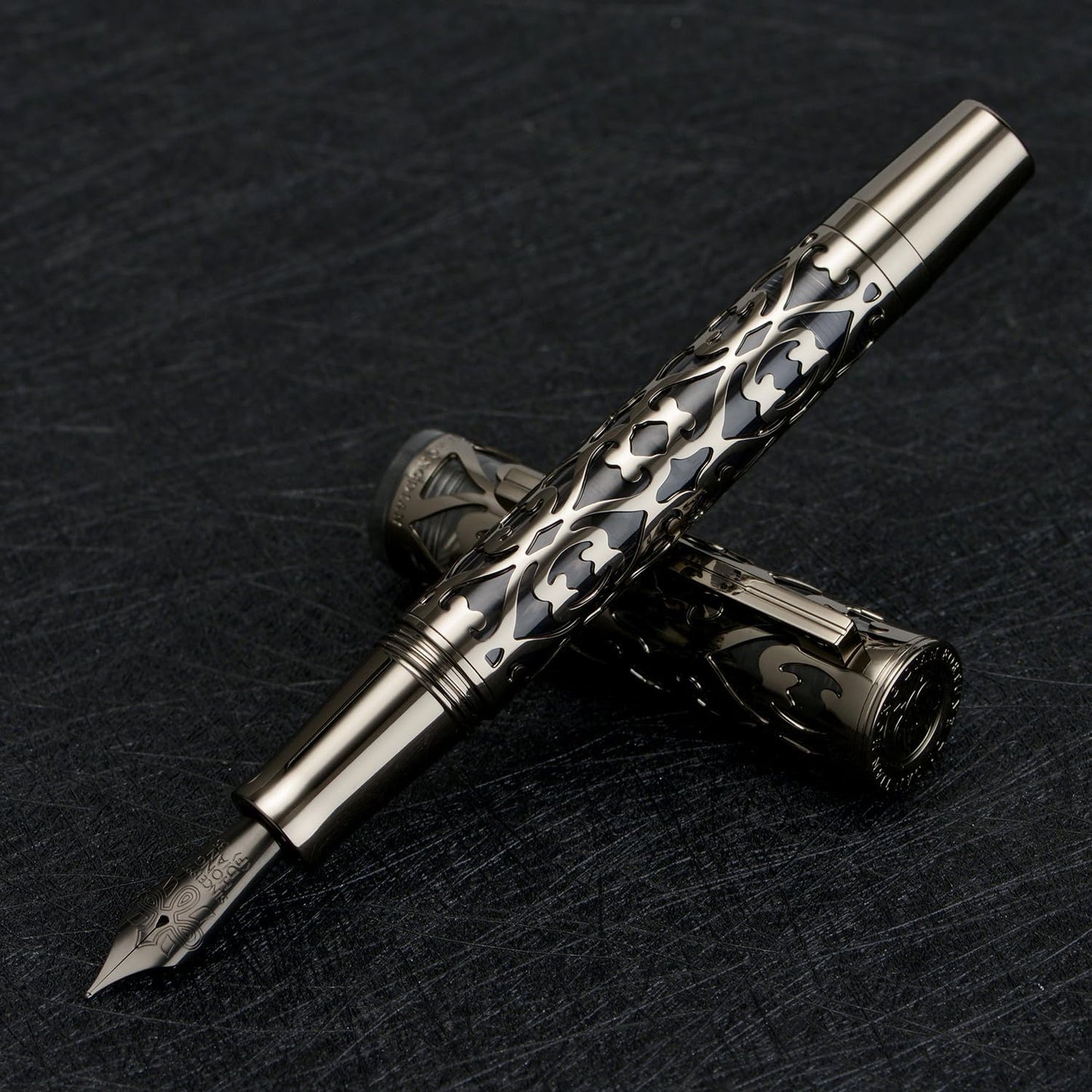 Hongdian D1 Piston Fountain Pen Extra Fine Soft Nib, Jet Black Hollow Skeleton & Resin Pen with Metal Case Set