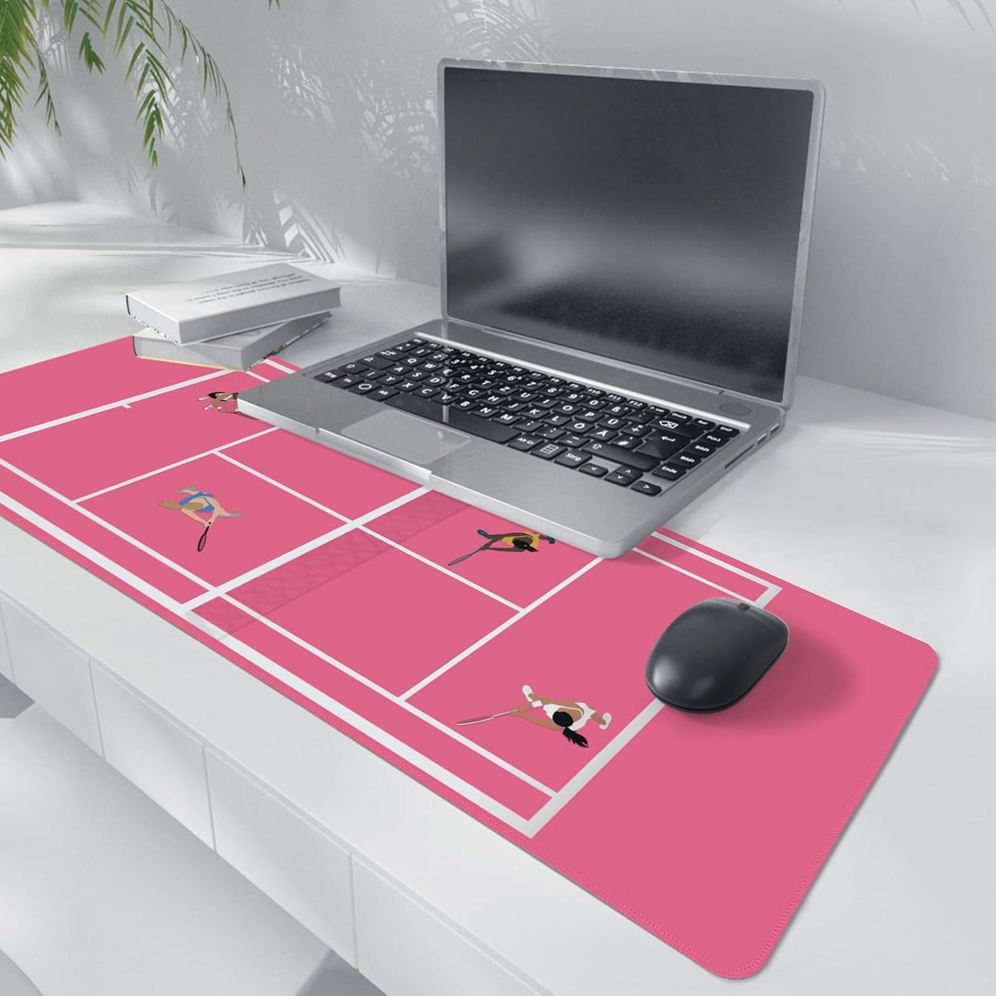 Girly Pink Preppy Desk Mat,Coquette Pink Tennis Court Mouse Pad,Tennis Sport Art Mouse Pad,Gift for Tennis Players,XL Large Laptop Desk Mat for Girls Dorm Home Office,31.5x11.8 Inch