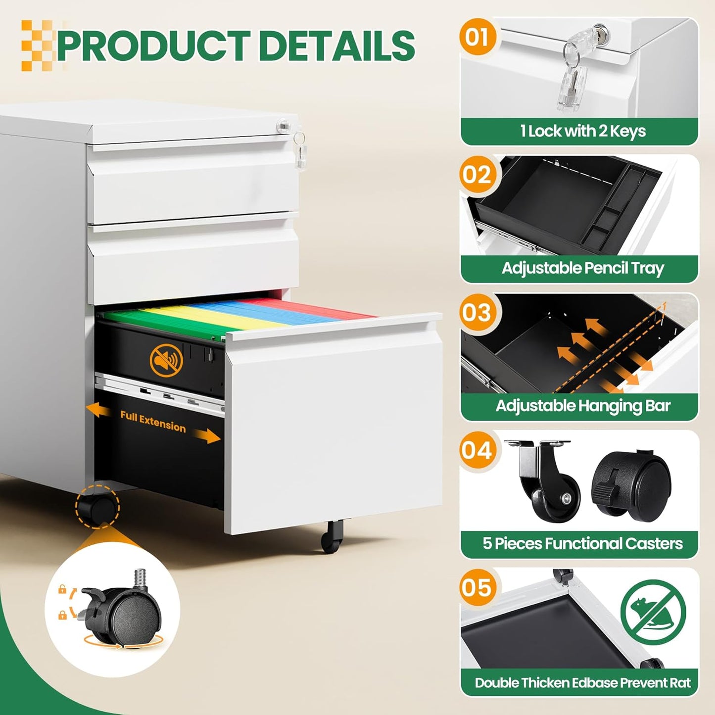 3 Drawer Mobile File Cabinet with Lock,Under Desk Filing Cabinet for Home Office, Metal Filing Cabinets on Wheels for Legal/Letter/A4 File, Fully Assembled Except Wheels, White