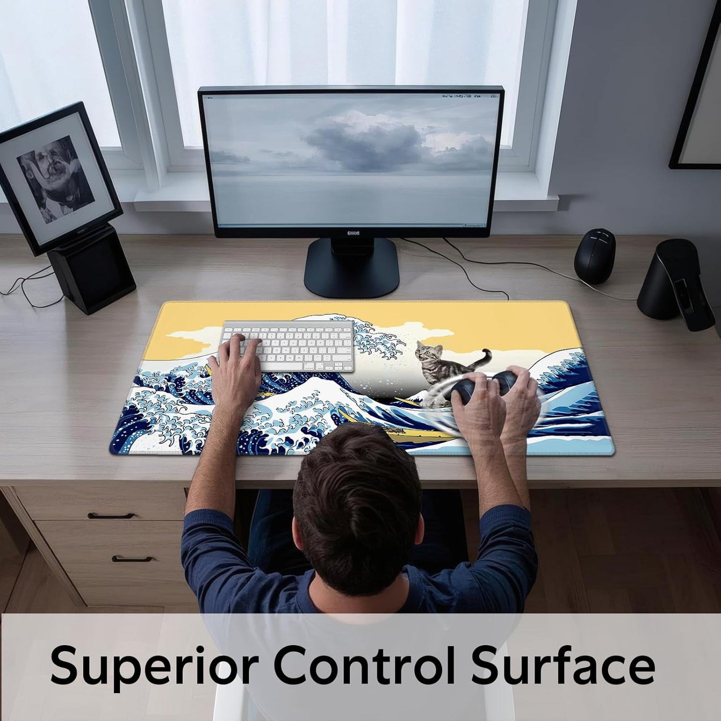 Funny Cat Surfing The Great Wave Off Kanagawa Mouse Pad - Large Non-Slip Desk Mat for Office, PC, Laptop - 35.5"x15.7" x 3mm