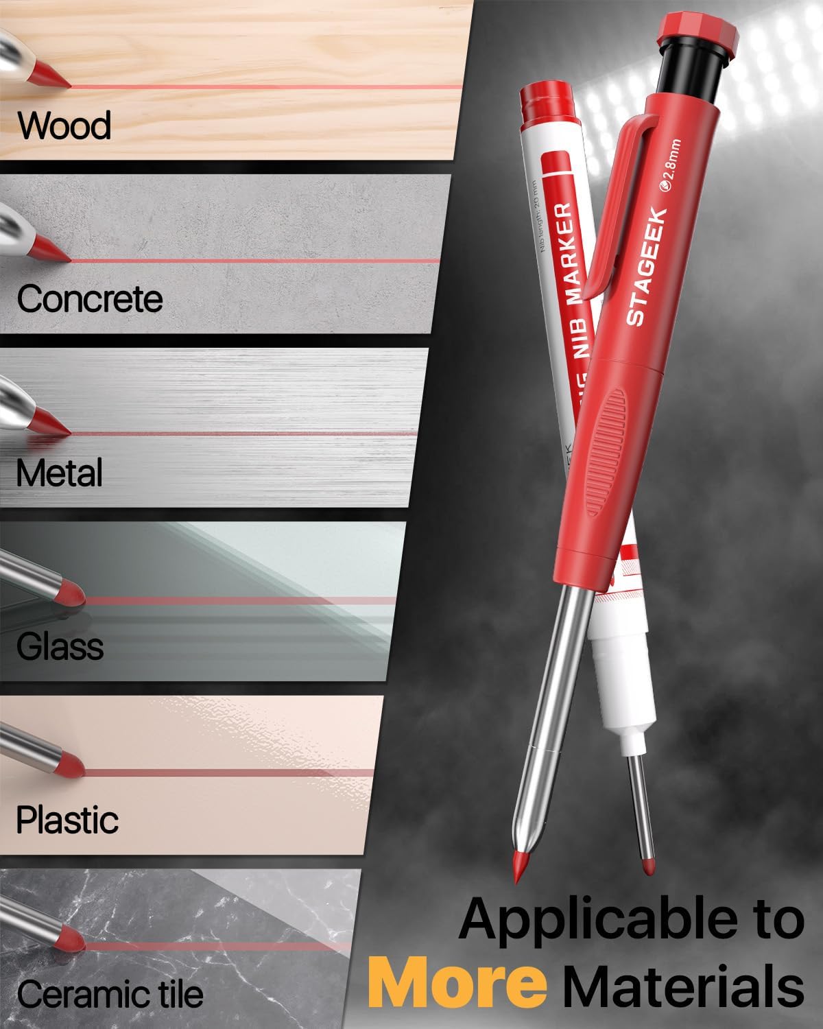 2PCS Carpenter Pencils with Sharpener, Heavy Duty Woodworking Tools, Mechanical Pencil Set with 26 Refills, Deep Hole Long Nib Marker Pens for Architect Marking with Case (Black, Red)