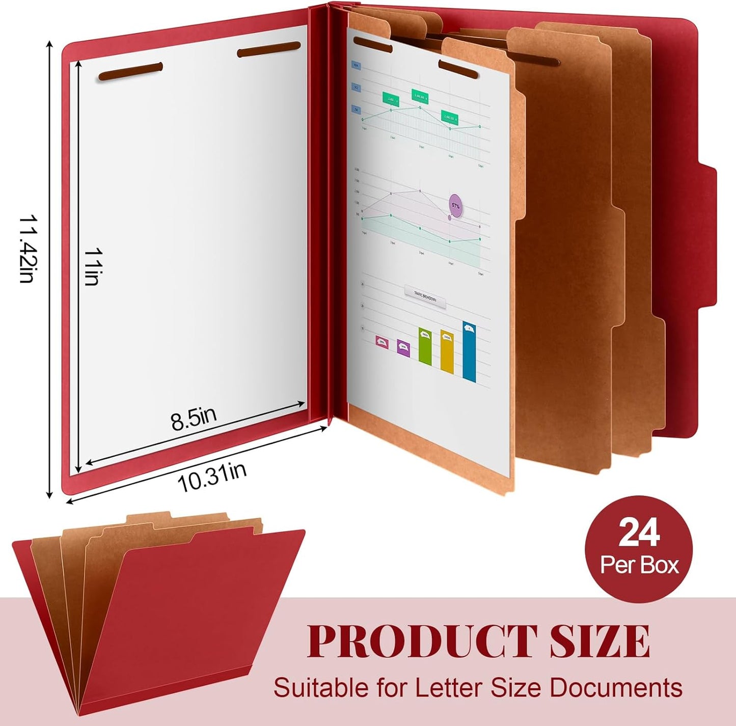 24 Pcs Classification Folders Letter Size, 3 Divider Pressboard File Folder with Fasteners, Expanding File Organizer Bulk for Teachers, Clergy, Office, Church, Christmas Donations (Red)