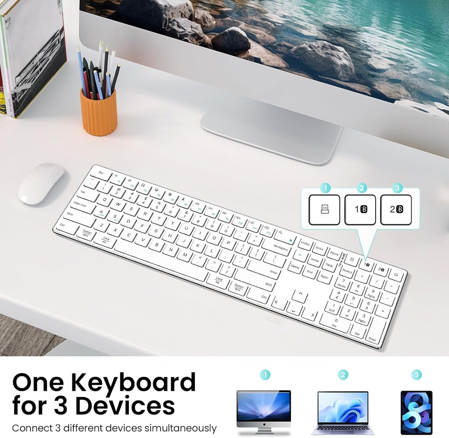 2.4G Wireless and Bluetooth Keyboard with Numeric Keypad, Multi-Device, Rechargeable, Compatible with Mac, Windows (White)